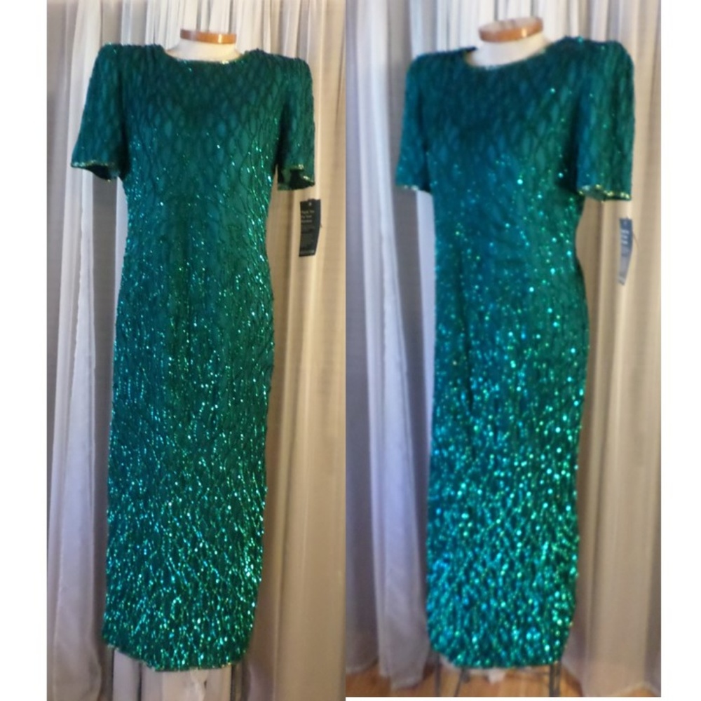 NWT Lady XL Silk Teal Long Gown Sequins Bead Dress
